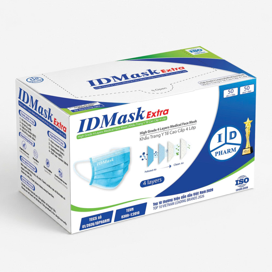 Khẩu Trang Y Tế Cao Cấp 4 Lớp IDMask Extra Hộp 50 cái Màu xanh