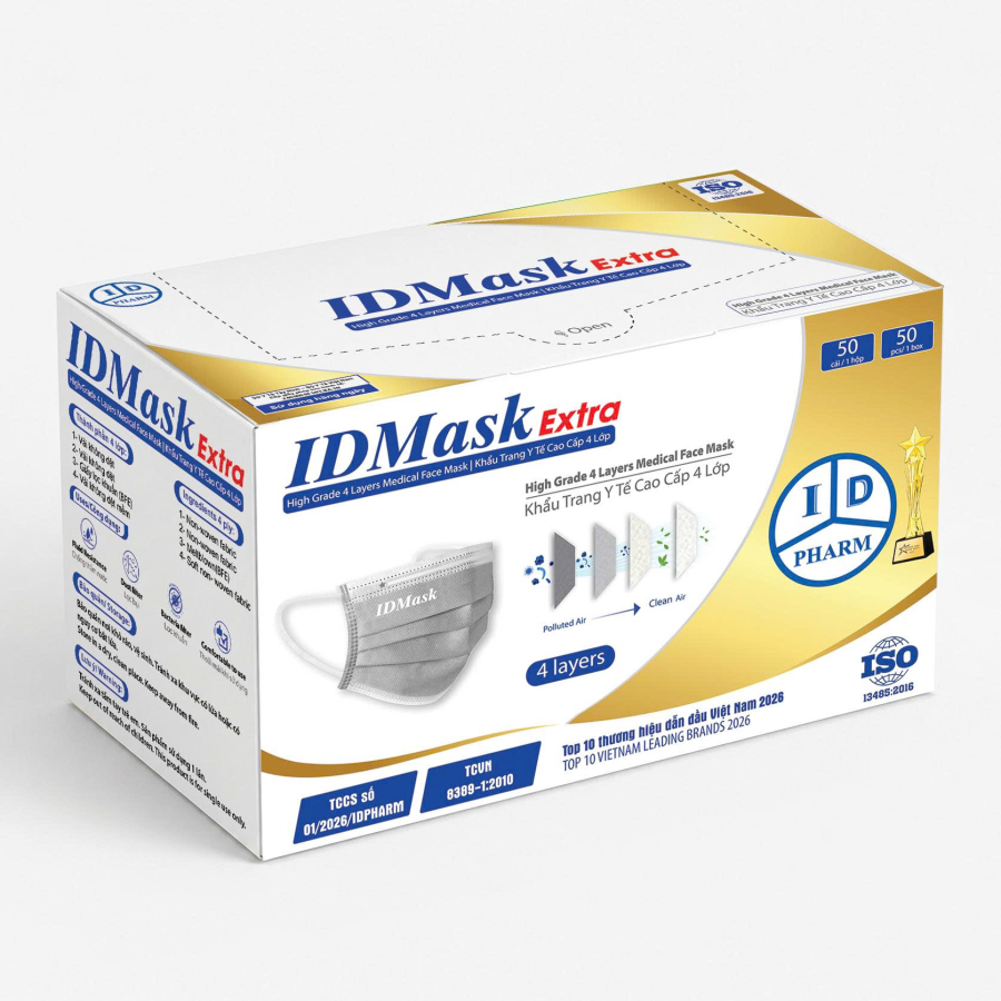Khẩu Trang Y Tế Cao Cấp 4 Lớp IDMask Extra Hộp 50 cái Màu xám